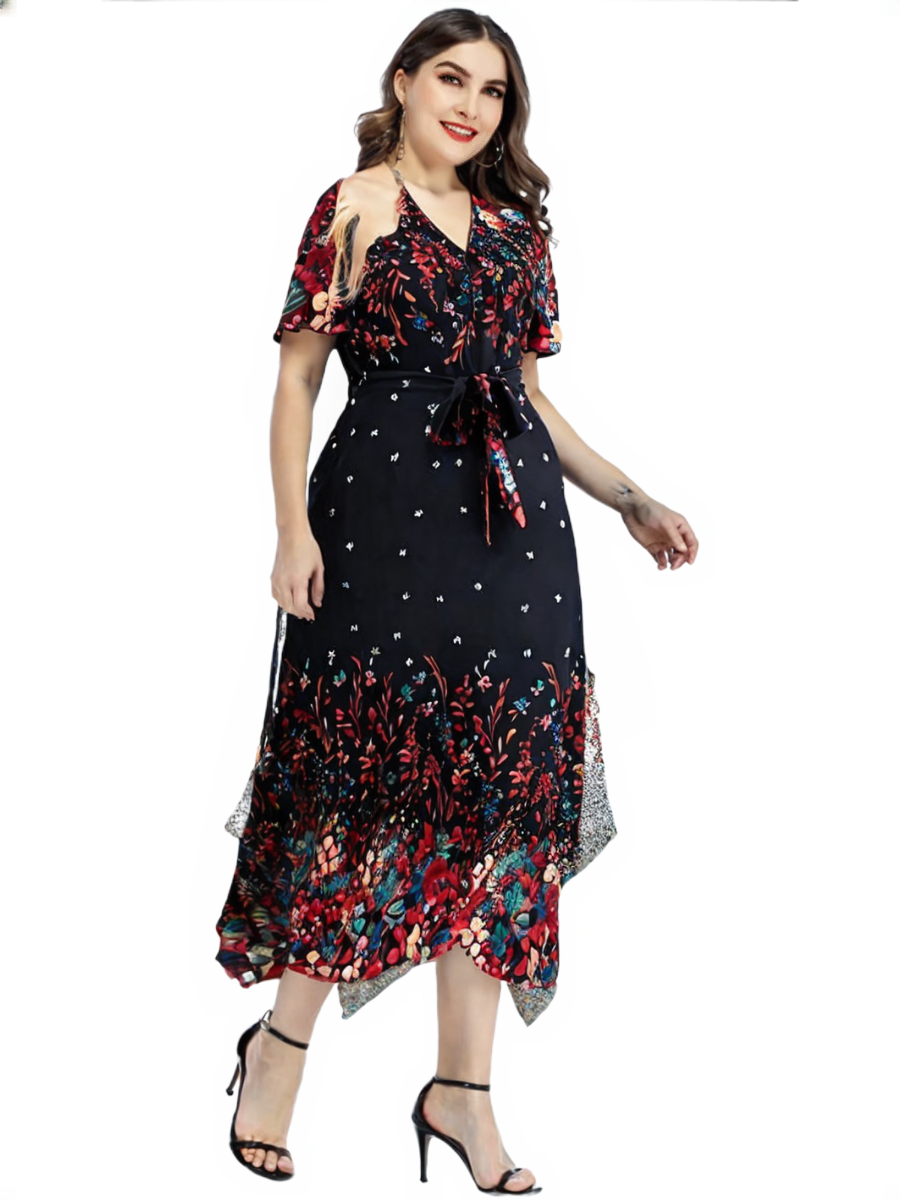 Plus Size Casual Dress Woman 2024 Summer V Neck Short Sleeve Floral Print Long Dress Black Curvy Size Women Clothing