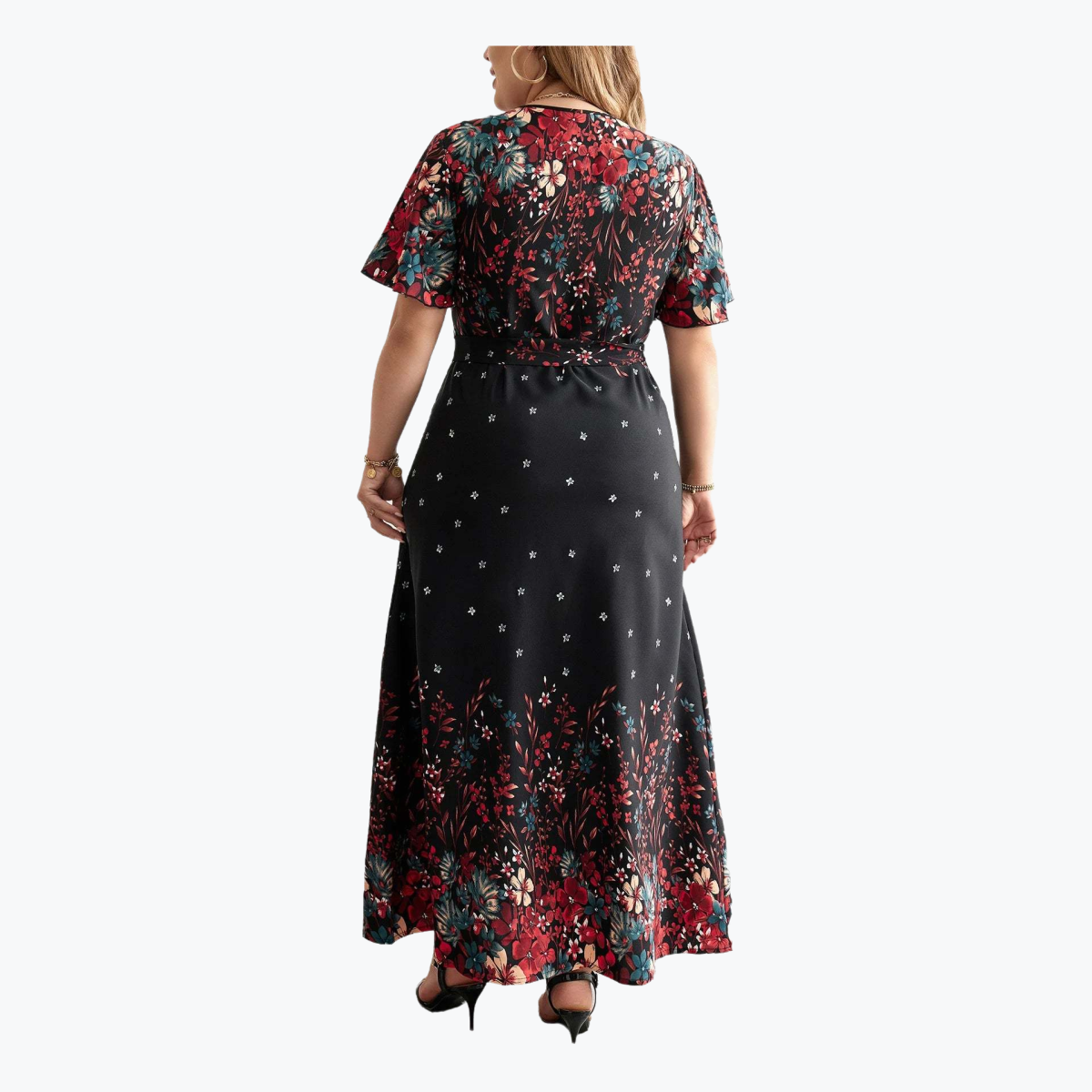 Plus Size Casual Dress Woman 2024 Summer V Neck Short Sleeve Floral Print Long Dress Black Curvy Size Women Clothing