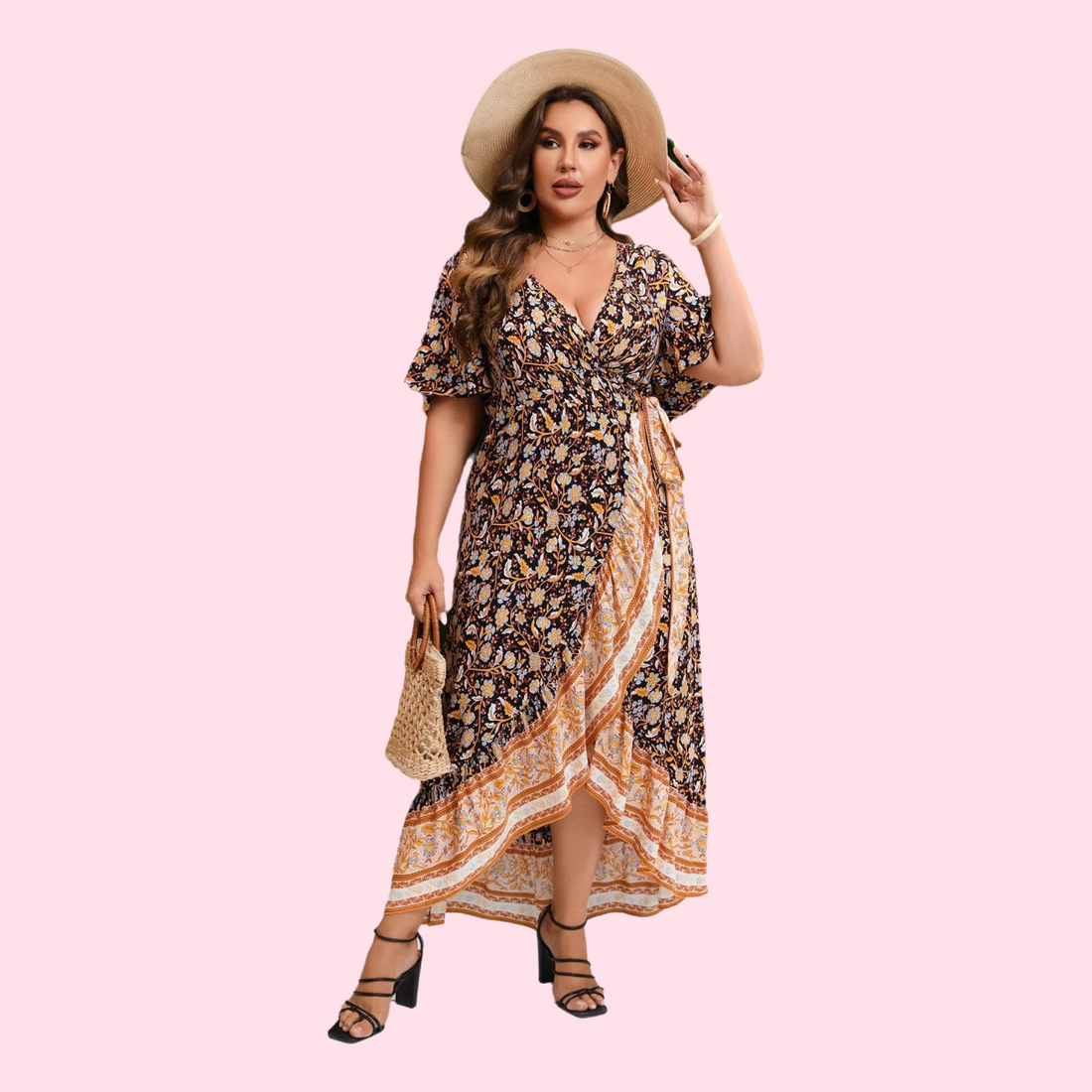 Female Dresses for Women plus Size 2024 Summer V Neck Short Sleeve Retro Floral Print Ruffles Long Dress Curvy Size Wrap Dresses