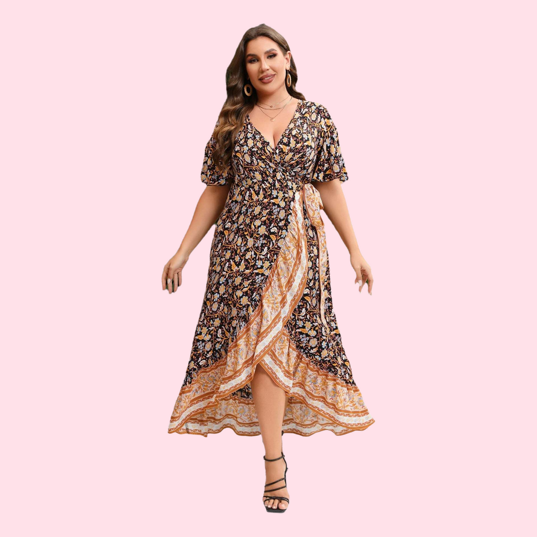 Female Dresses for Women plus Size 2024 Summer V Neck Short Sleeve Retro Floral Print Ruffles Long Dress Curvy Size Wrap Dresses