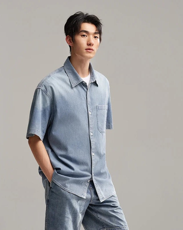 New Summer Vintage Denim Short Sleeve Mens Shirt