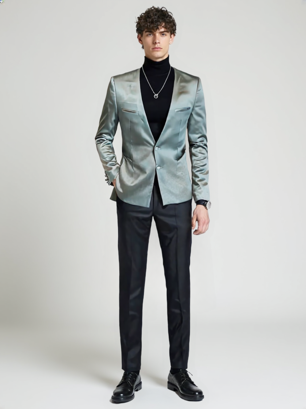 Modern Men Collarless Single Button Casual Blazer Jacket 