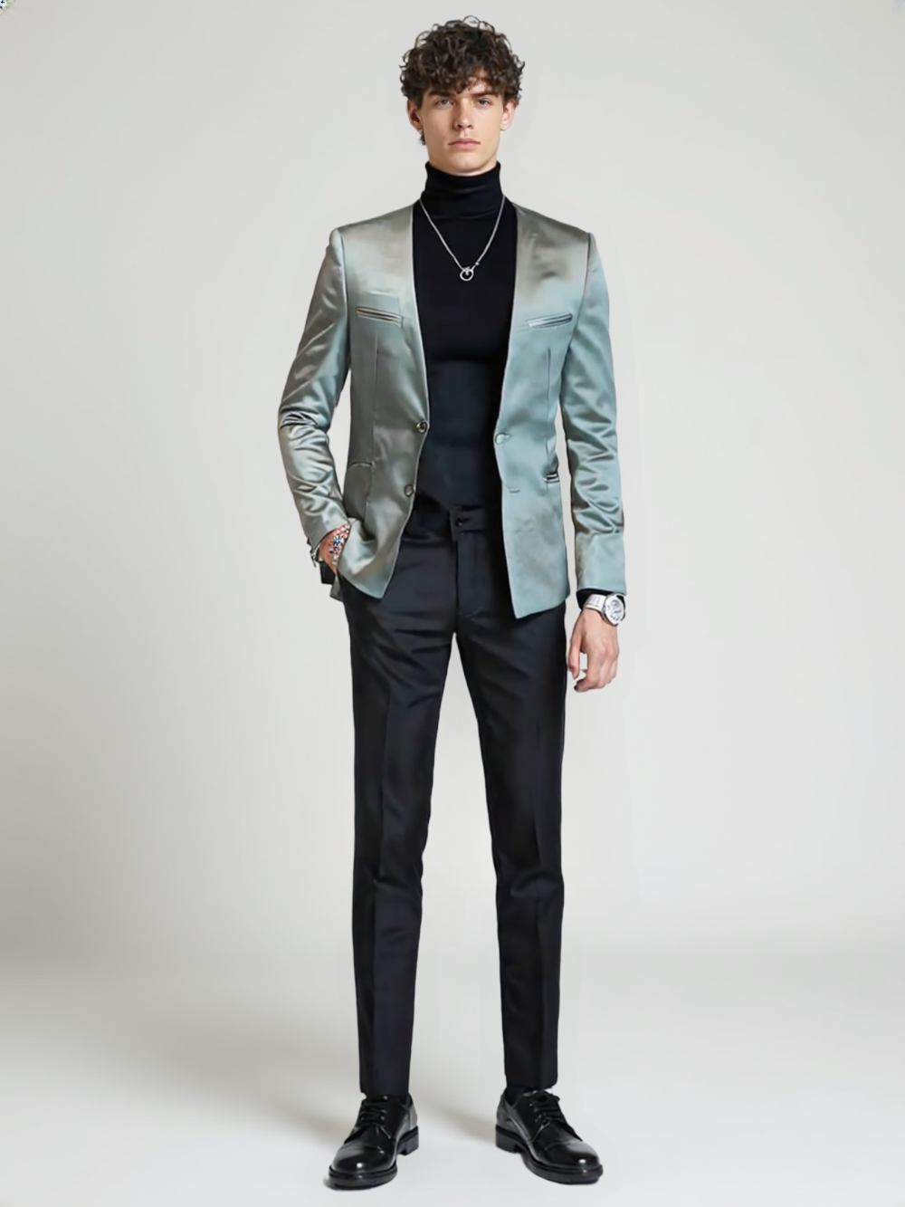 Modern Men Collarless Single Button Casual Blazer Jacket 