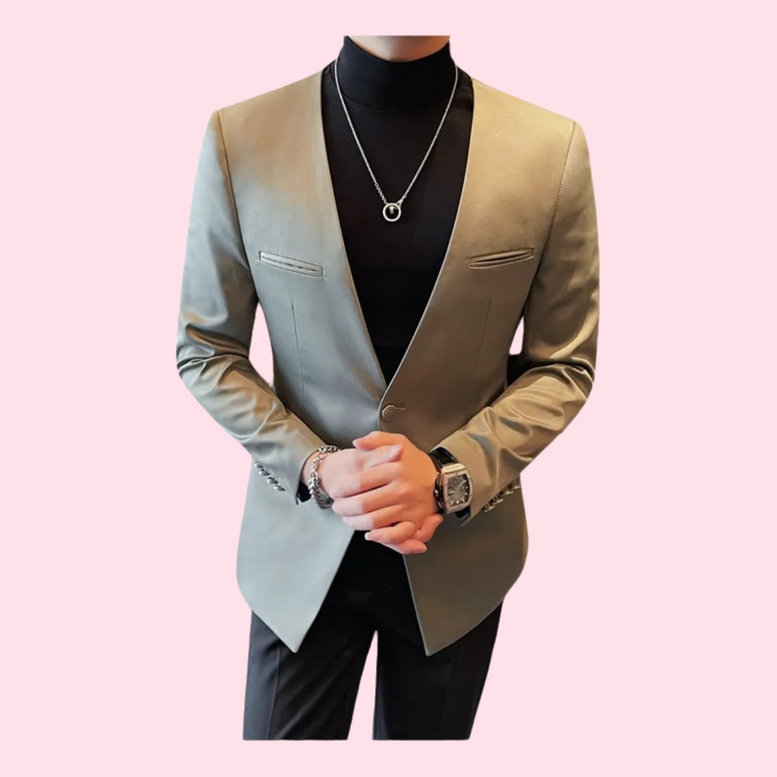 Modern Men Collarless Single Button Casual Blazer Jacket 