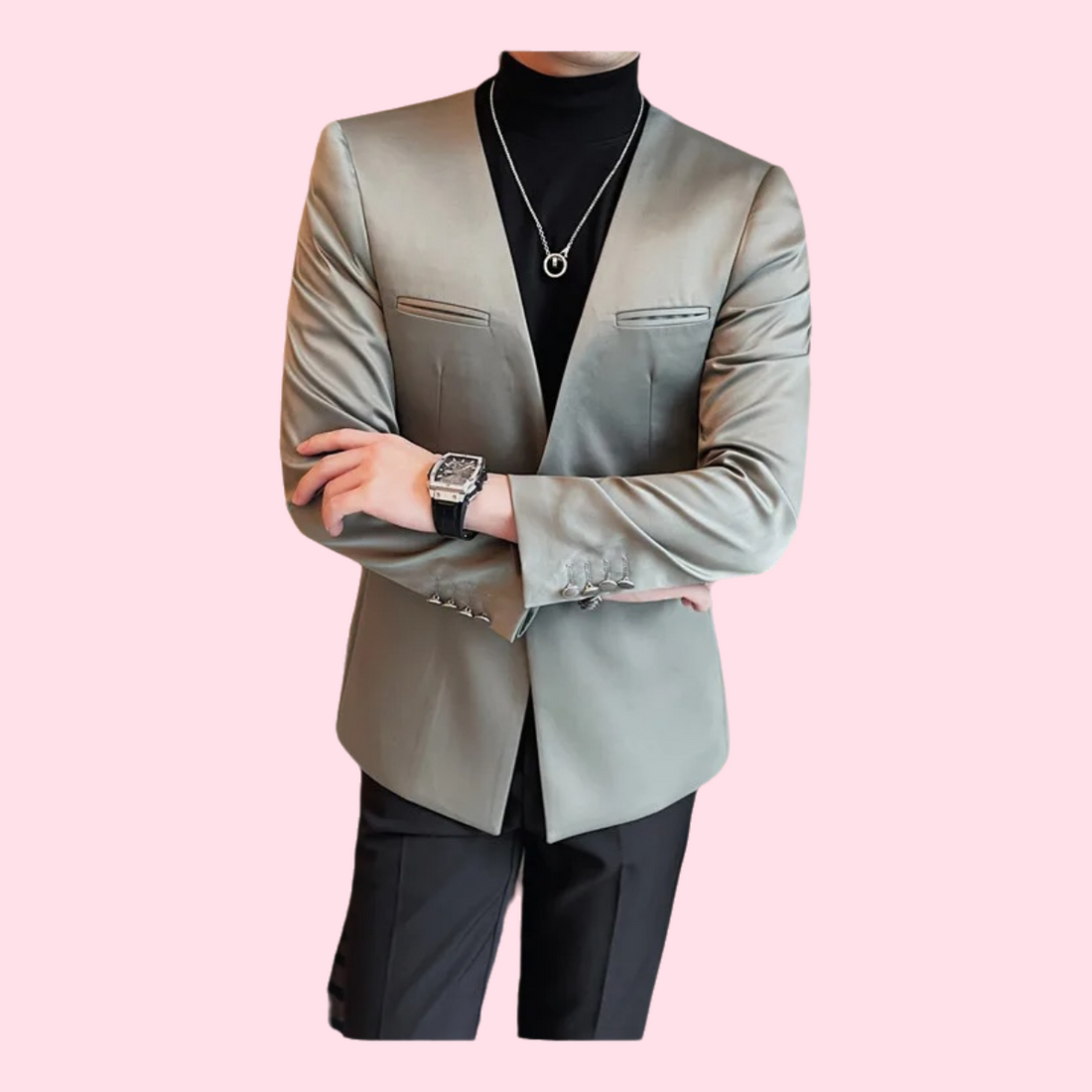 Modern Men Collarless Single Button Casual Blazer Jacket 