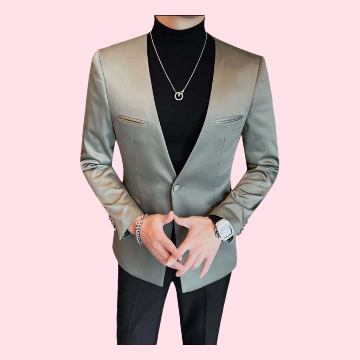 Modern Men Collarless Single Button Casual Blazer Jacket 