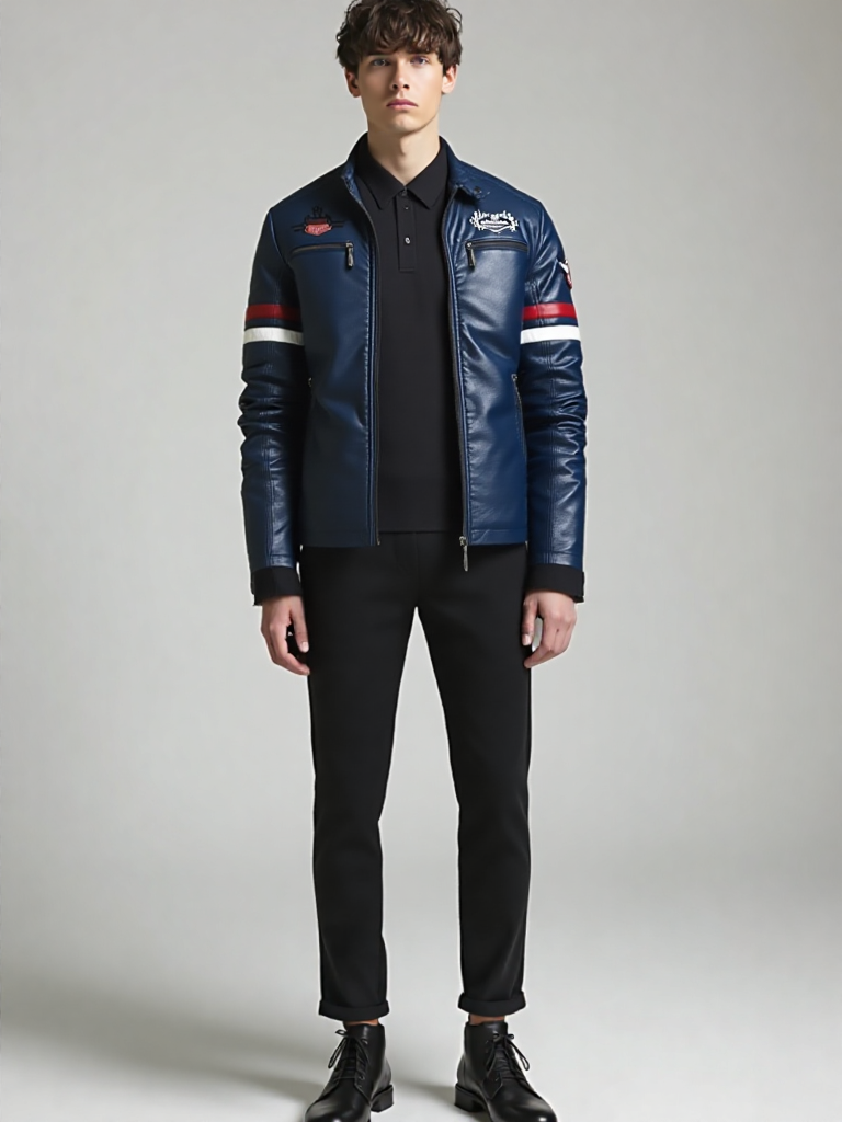 Mens Motorcycle Racing Leather Embroidered Jacket