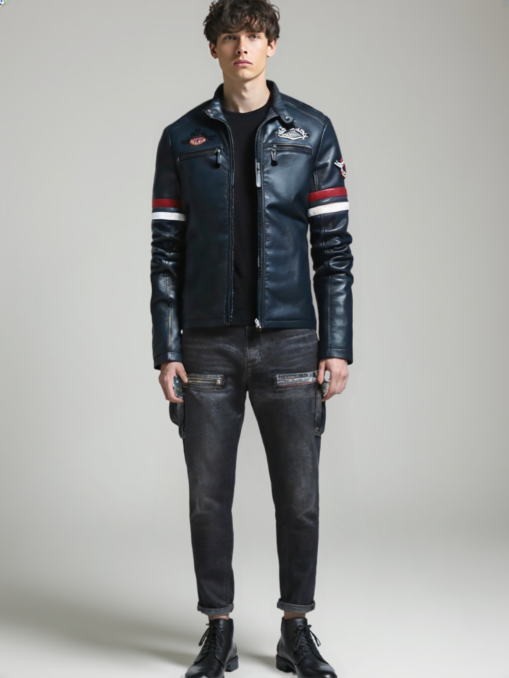 Mens Motorcycle Racing Leather Embroidered Jacket