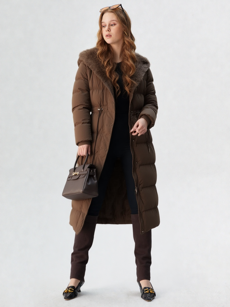 Women Winter Long down Jacket with Hood Drawstring 