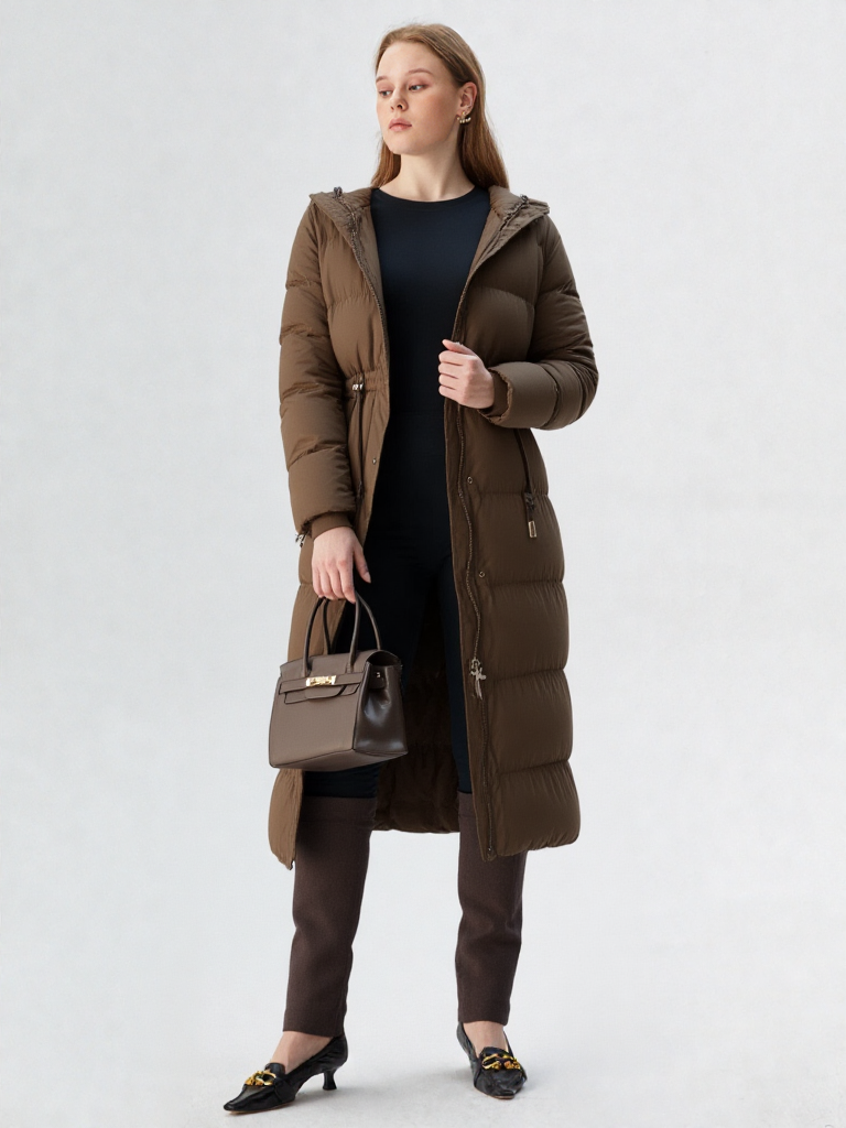 Women Winter Long down Jacket with Hood Drawstring 