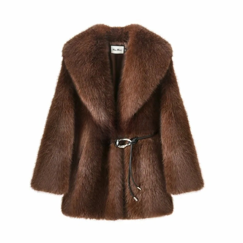 New Women Winter Hot Brown Belted Faux Fur Coat 