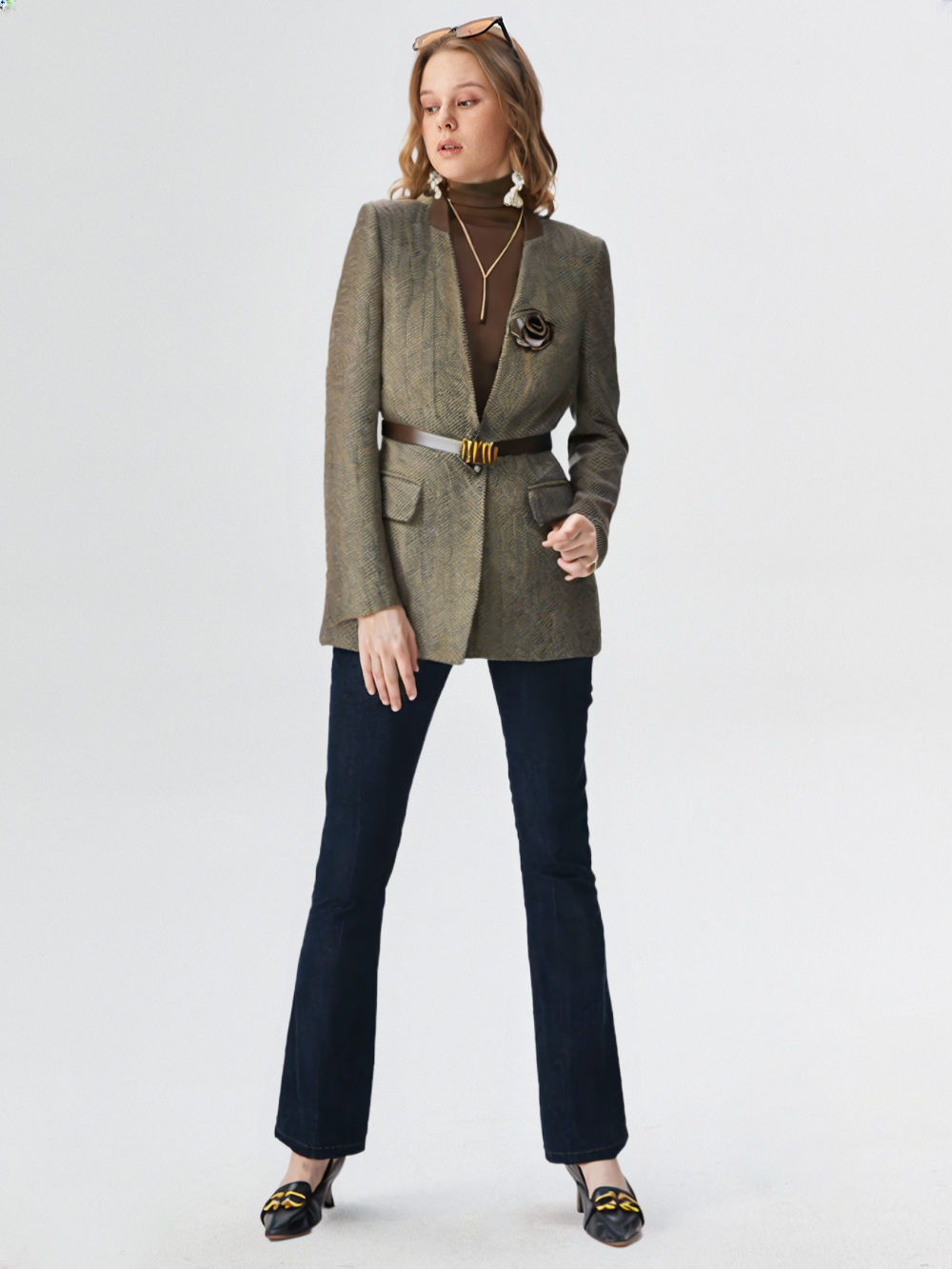 New Women Elegant Coffee Jacket Blazer with Belt