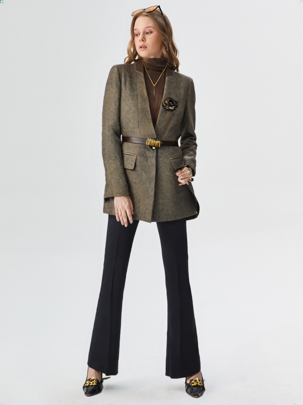 New Women Elegant Coffee Jacket Blazer with Belt