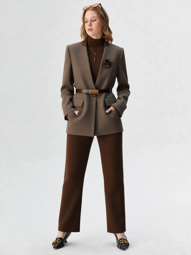 New Women Elegant Coffee Jacket Blazer with Belt