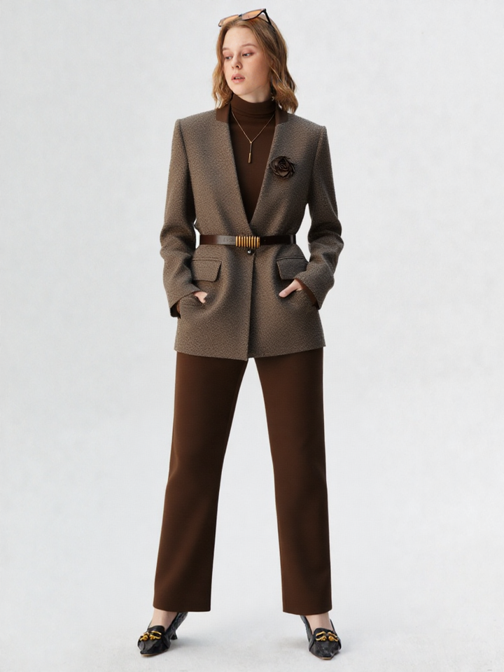 New Women Elegant Coffee Jacket Blazer with Belt