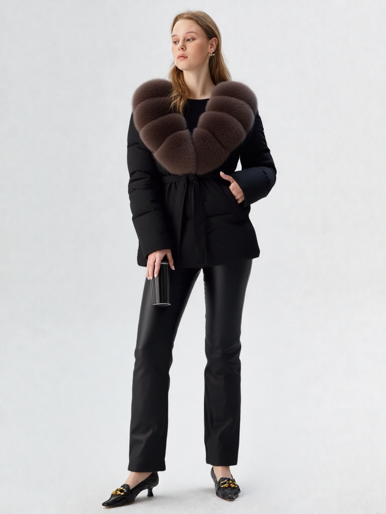 Vintage Hooded Women Fur Coat Belt Long Sleeve Coat