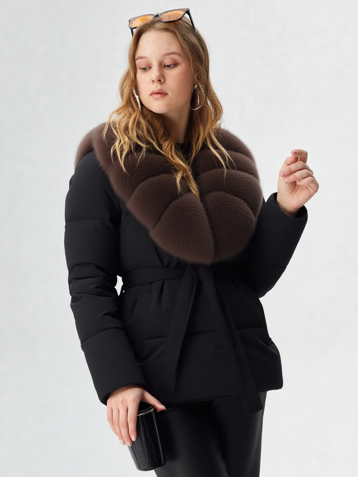 Vintage Hooded Women Fur Coat Belt Long Sleeve Coat