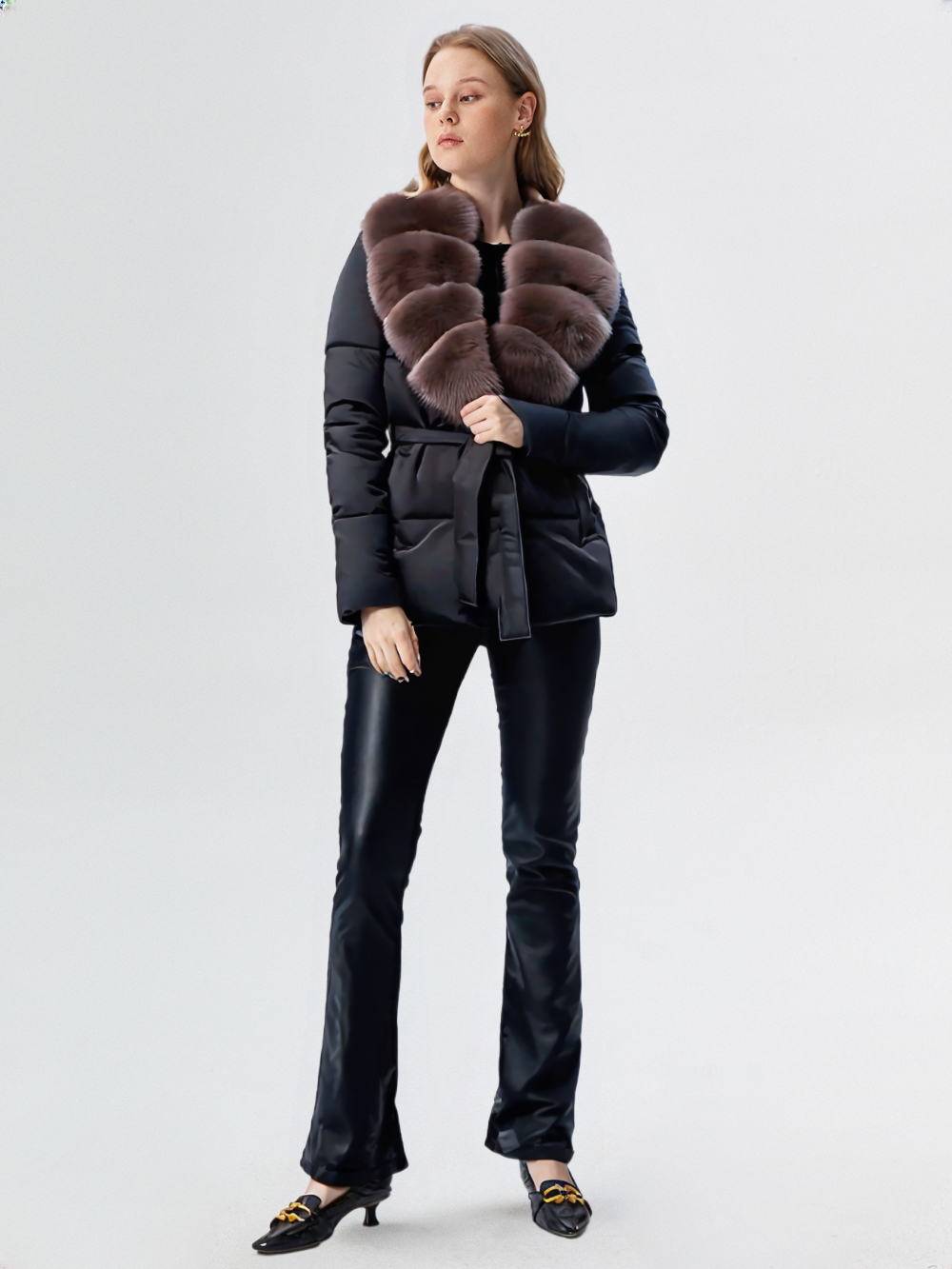 Vintage Hooded Women Fur Coat Belt Long Sleeve Coat