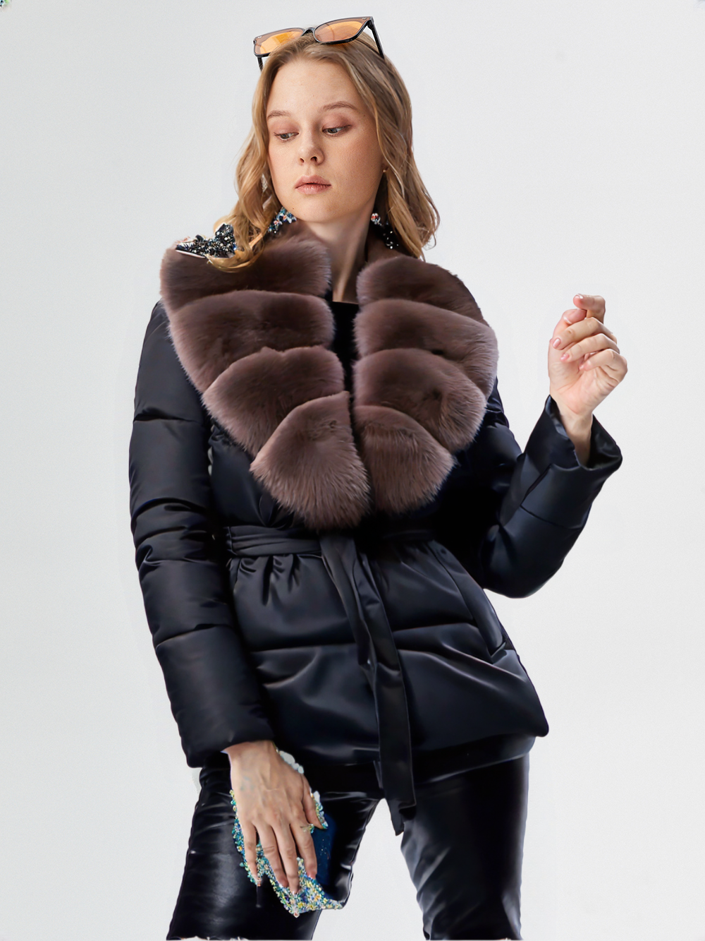 Vintage Hooded Women Fur Coat Belt Long Sleeve Coat