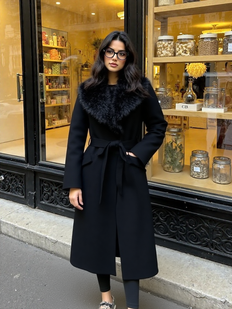New Luxe Women Belt Warm Fur Collar Long Coat 