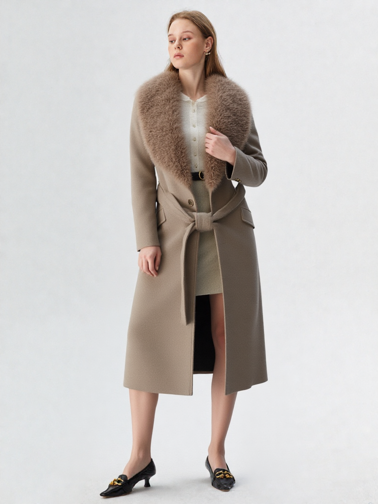 New Luxe Women Belt Warm Fur Collar Long Coat 