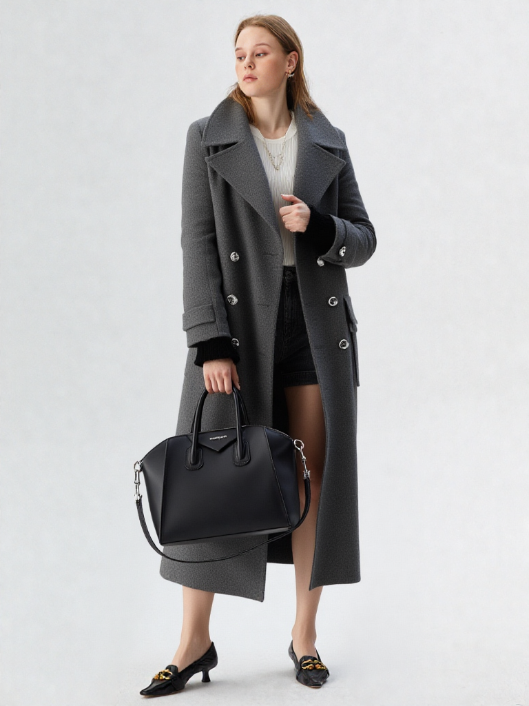 New Women Suit Collar Double-Breasted Long Woolen Coat 