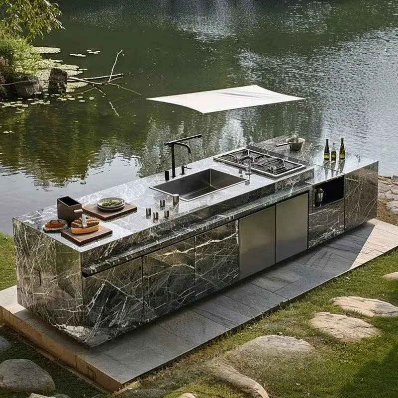 Premium Outdoor BBQ Gas Grill Kitchen Cabinet Full Set with Roof Cover