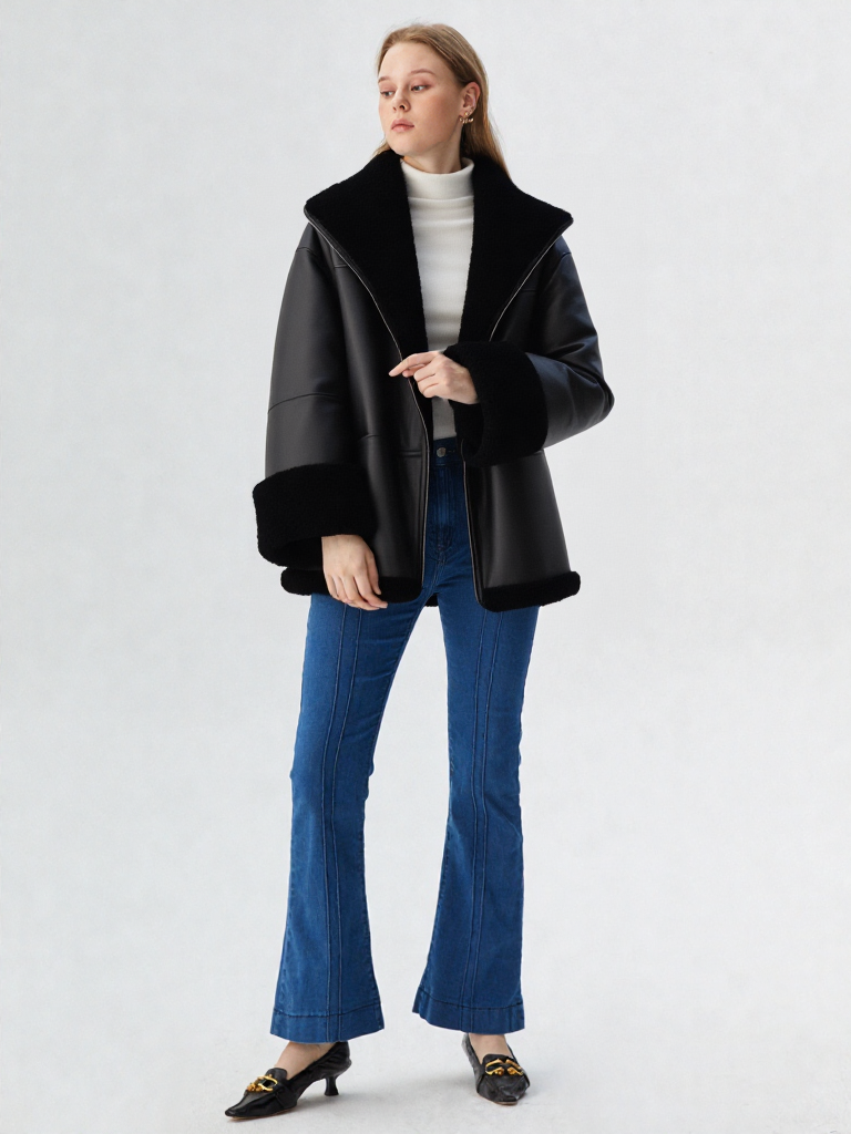 New Women Long Sleeve Fur Leather Jacket