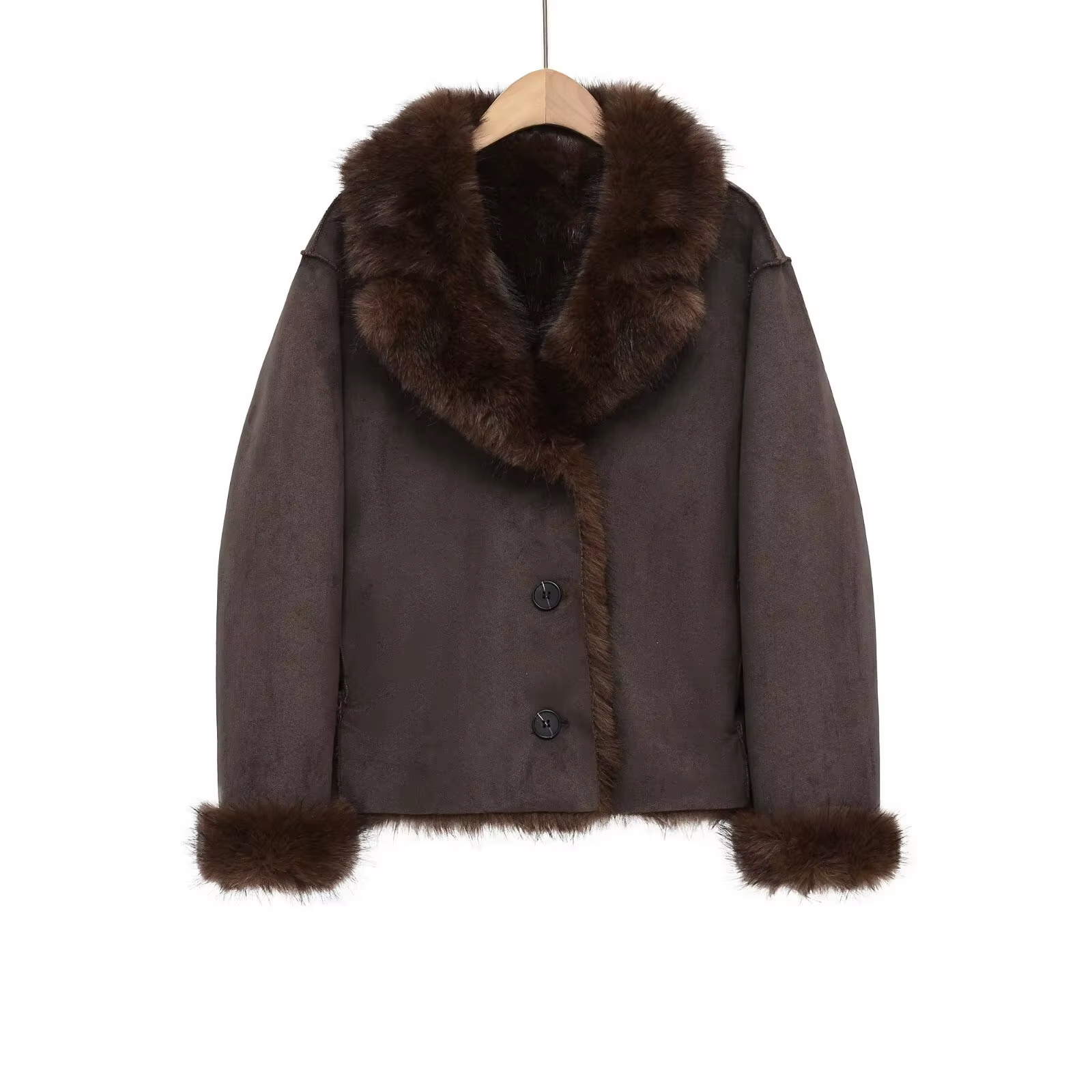 New Women Double Fur Brown leather Jacket 