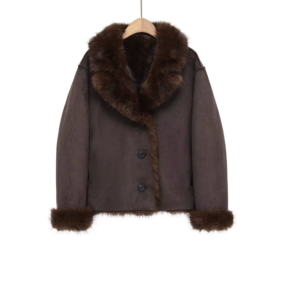 New Women Double Fur Brown leather Jacket 