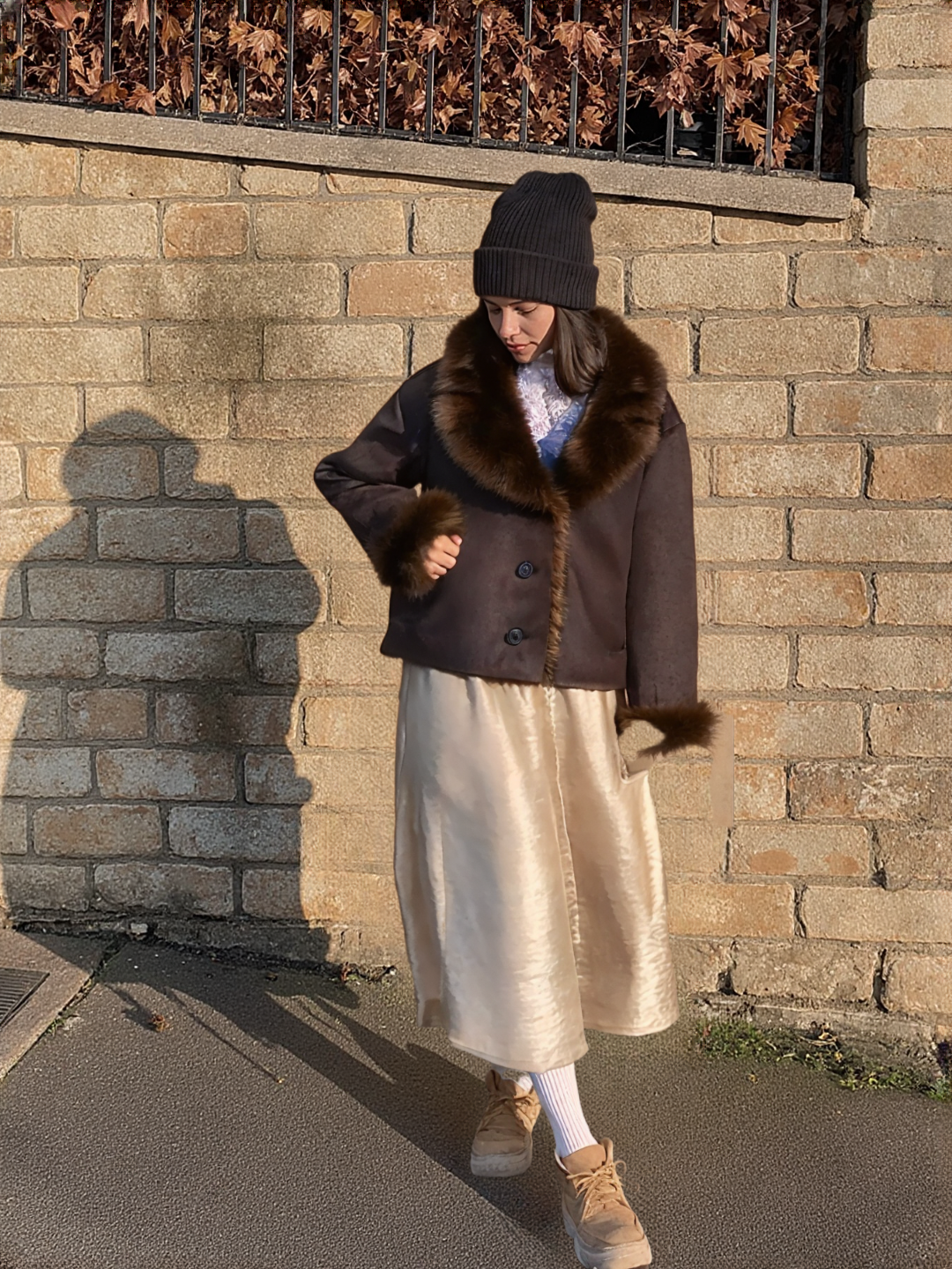New Women Double Fur Brown leather Jacket 