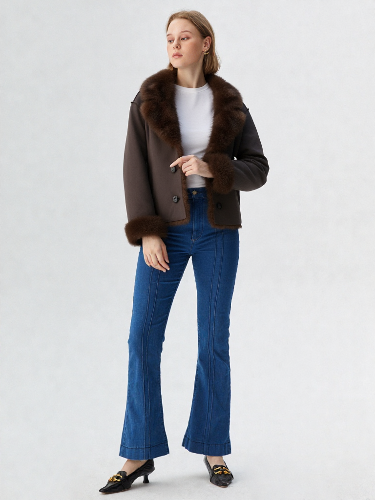 New Women Double Fur Brown leather Jacket 