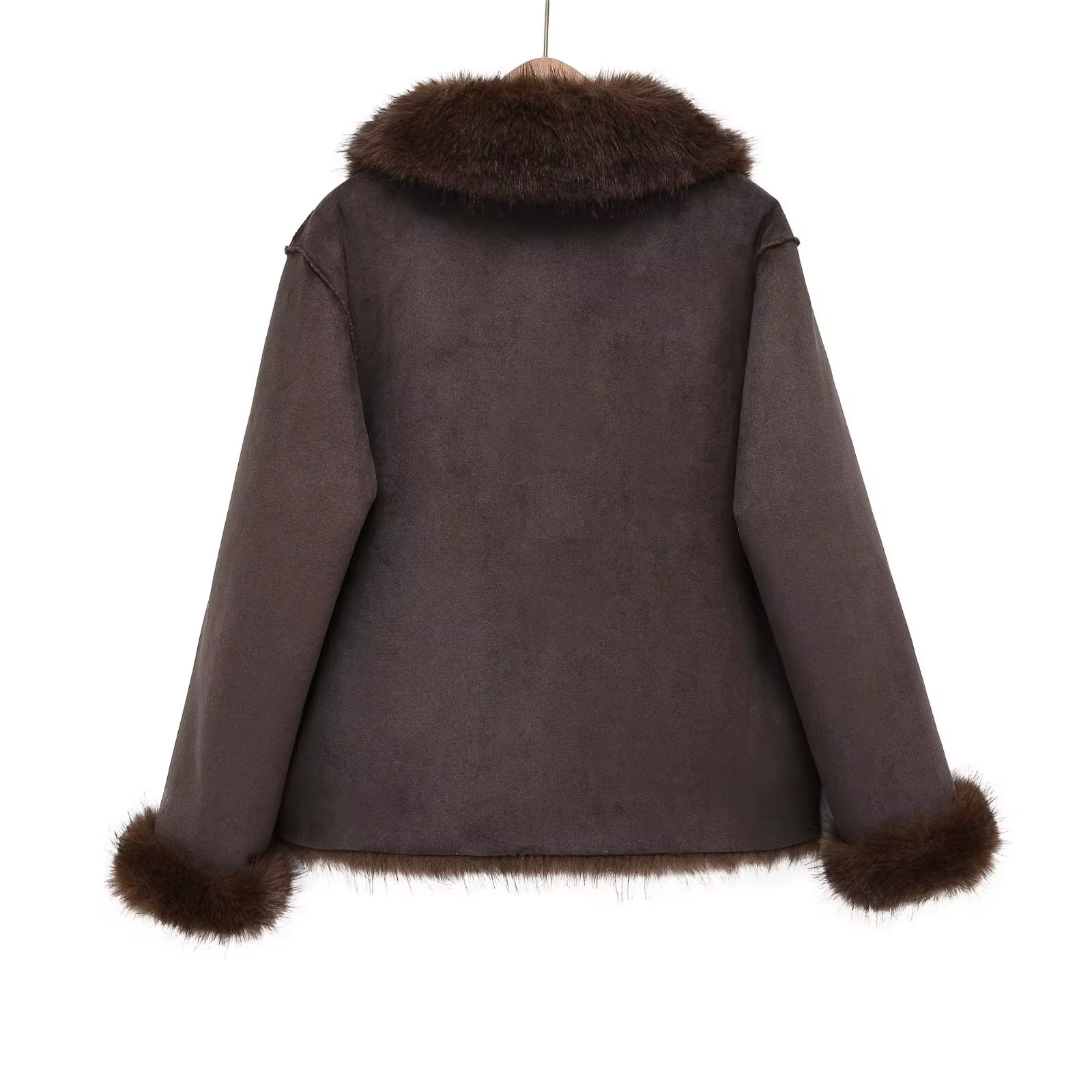 New Women Double Fur Brown leather Jacket 