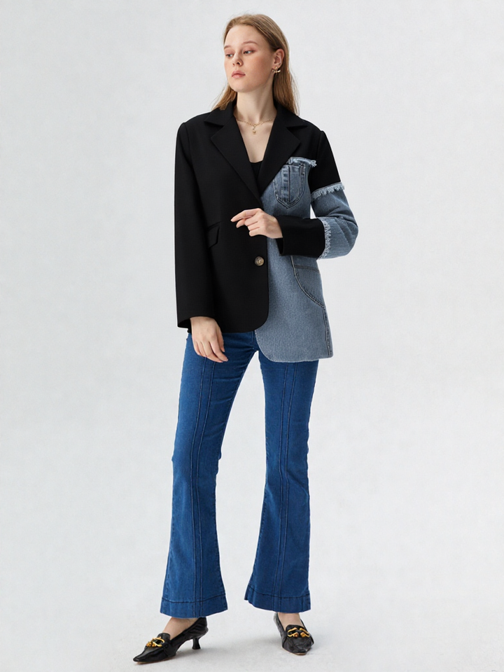 New Women Blue Denim Irregular Casual Blazer 