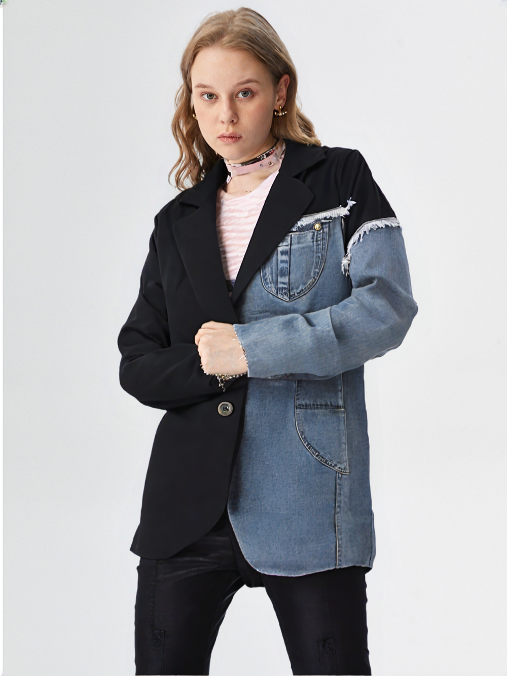New Women Blue Denim Irregular Casual Blazer 