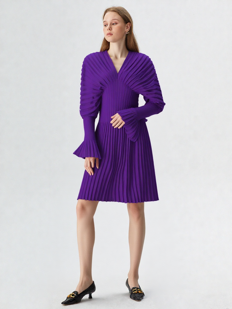 Vintage Pleated Dress Women Flare Long Sleeve V Neck Dresses Female Fashion Clothes 2022 Spring Summer New