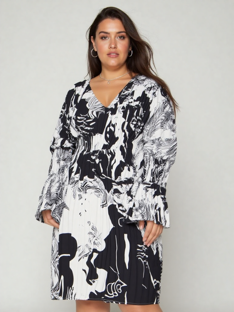 Vintage Pleated Dress Women Flare Long Sleeve V Neck Dresses Female Fashion Clothes 2022 Spring Summer New