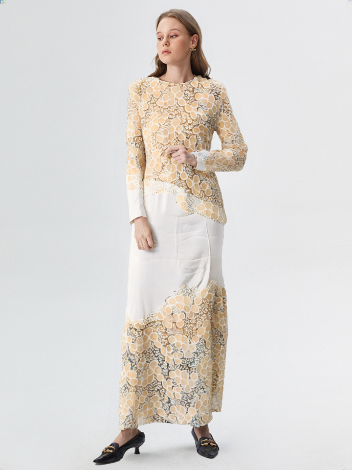 New Modern Fashion Beige Lace Embroidery Women Dress