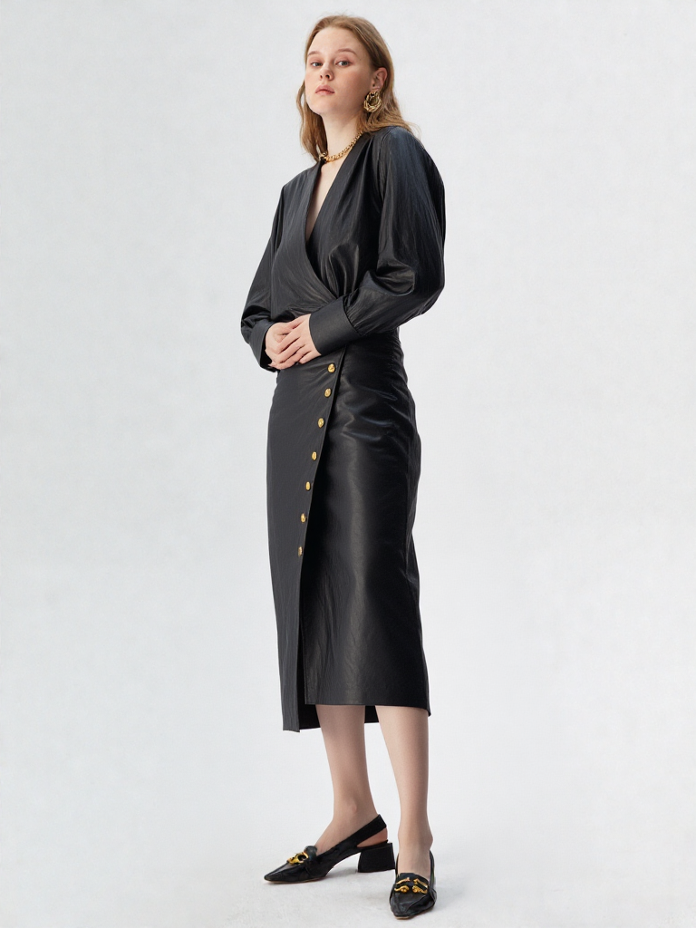 Women Premium Faux Leather High Waisted Pleated Black Long Dress  