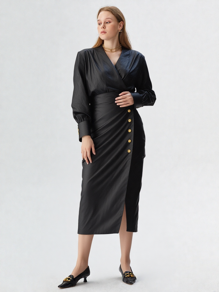 Women Premium Faux Leather High Waisted Pleated Black Long Dress  