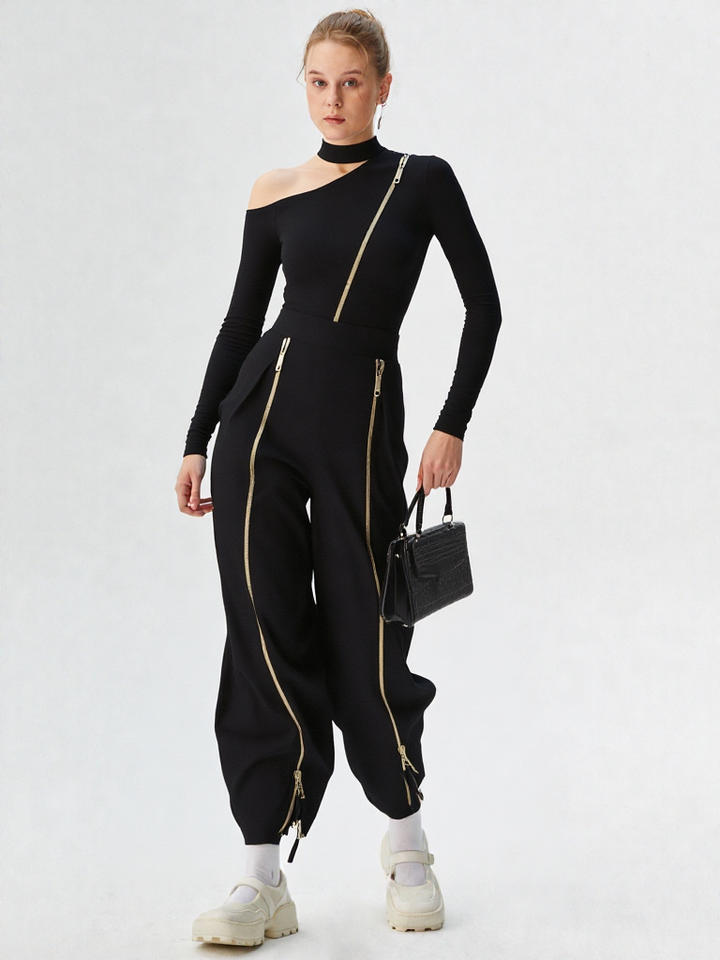 New Stand-Up Collar knitted + Double zipper Pants Set