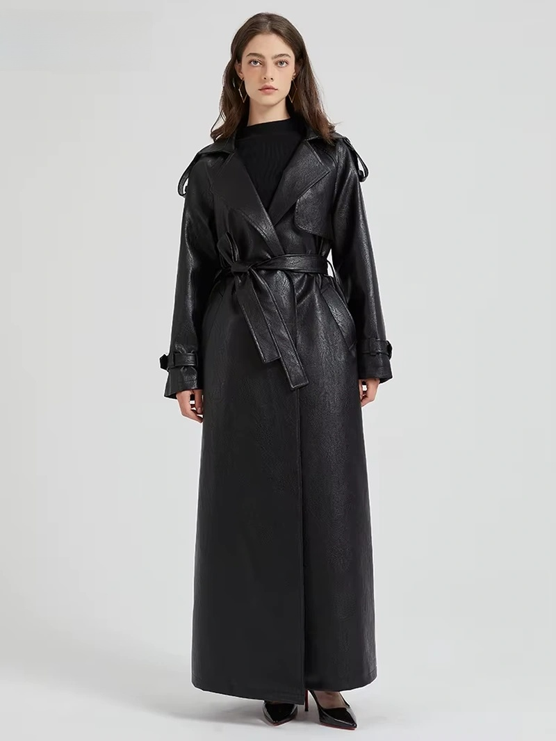 Modern Women Spring Autumn Extra Long  Leather Trench Coat 