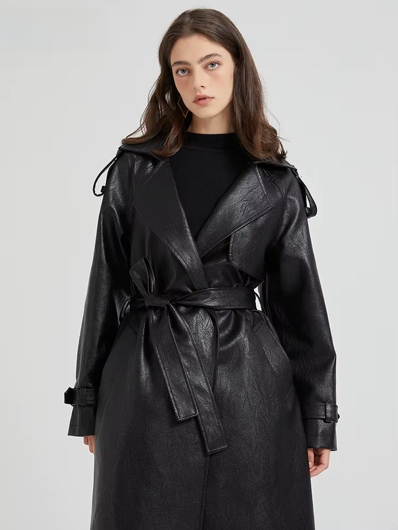 Modern Women Spring Autumn Extra Long  Leather Trench Coat 