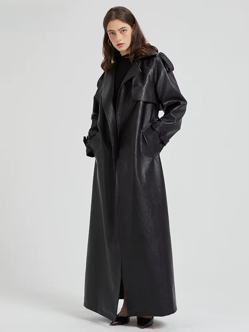 Modern Women Spring Autumn Extra Long  Leather Trench Coat 