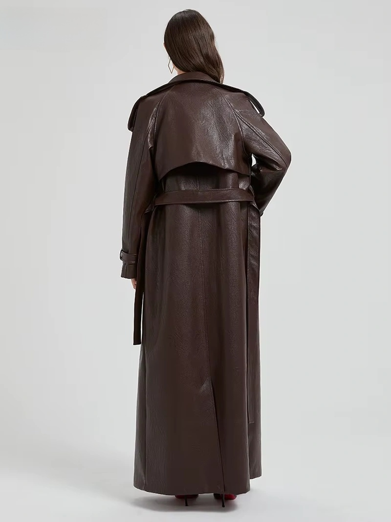Modern Women Spring Autumn Extra Long  Leather Trench Coat 