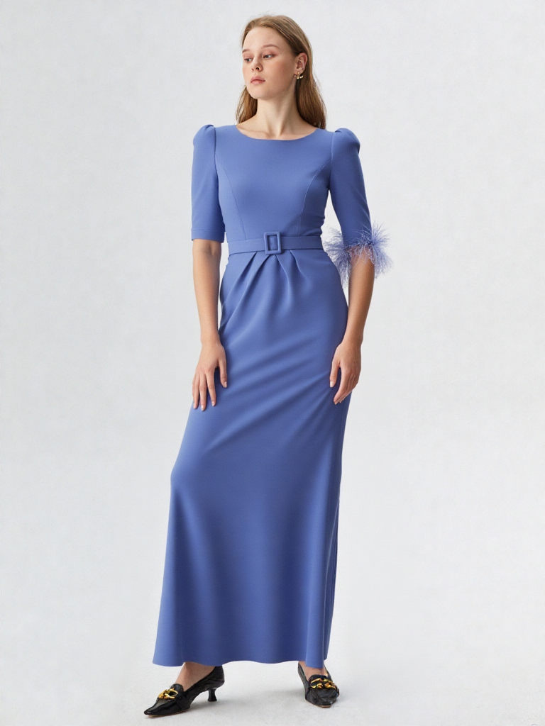 Women Wedding Dresses Evening Dress Blue O-Neck Long Dress