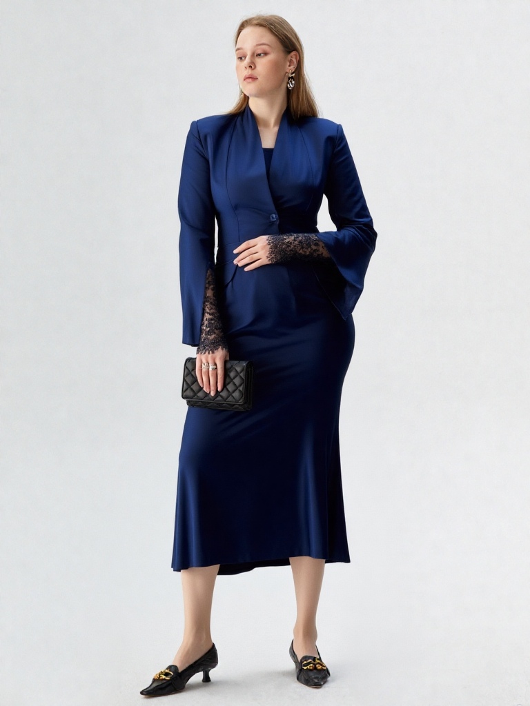 New Women V-Neck Blazer with Half Skirt Set Party Wedding Wear