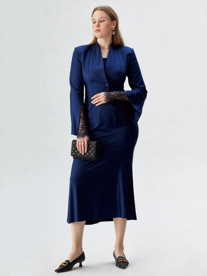 New Women V-Neck Blazer with Half Skirt Set Party Wedding Wear