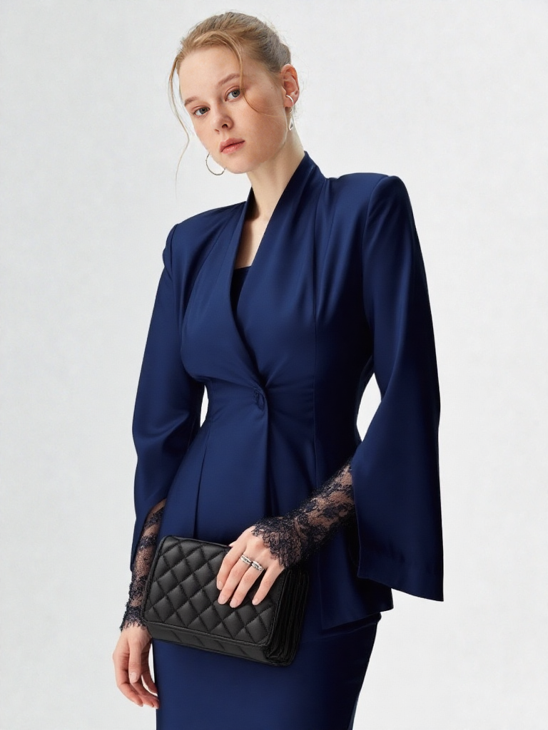 New Women V-Neck Blazer with Half Skirt Set Party Wedding Wear