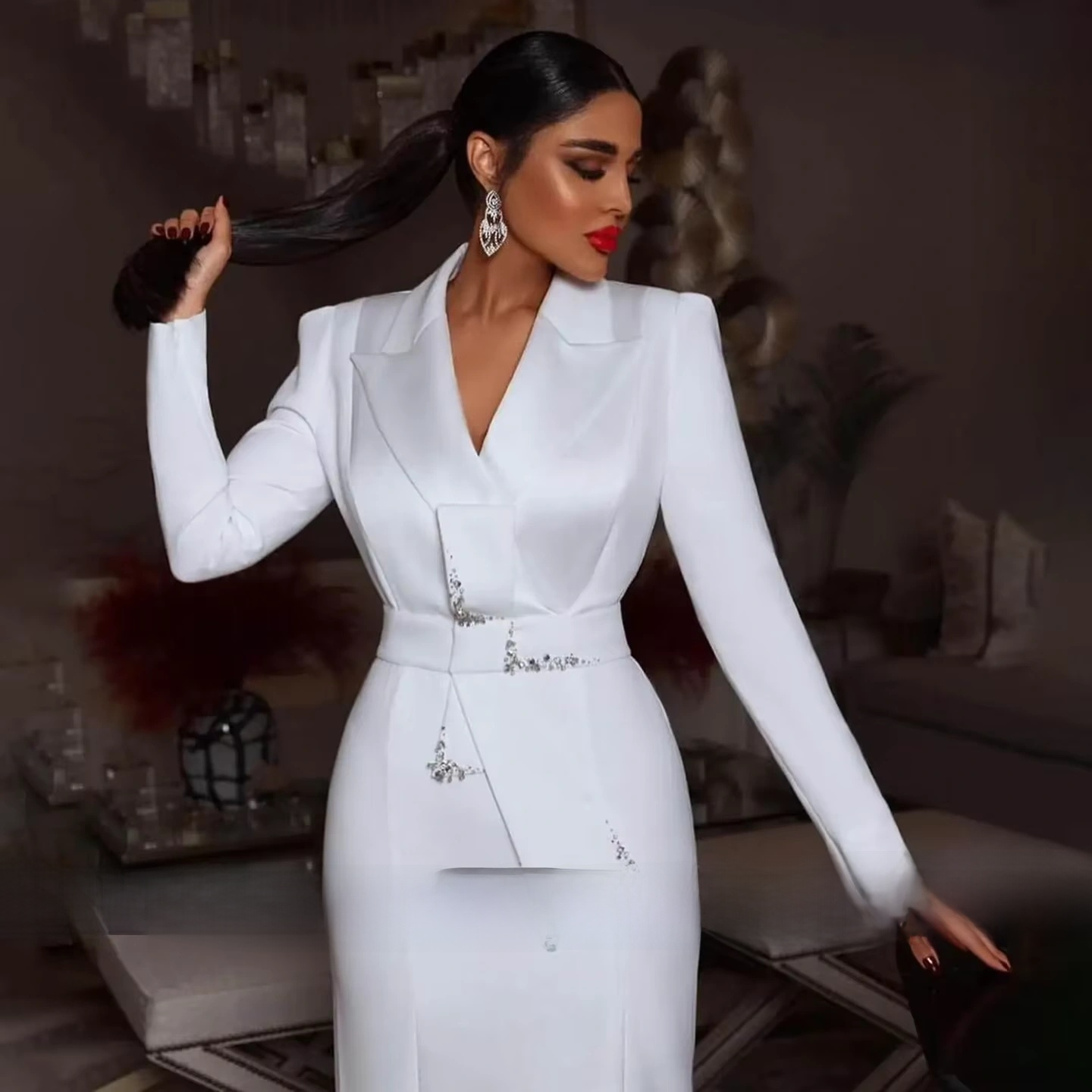 New Modern Crystal White Women Blazer Dress 